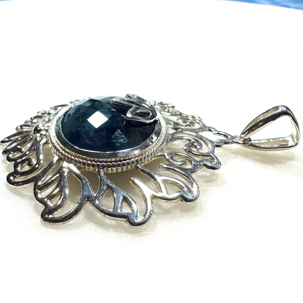 Faceted Oval Rose-cut Fancy Blue Sodalite Solid Sterling Silver Pendant